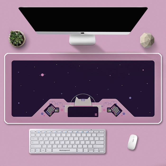 Cat Astronaut Large Gaming Mouse Pad: black, dark navy cat-themed space scene, cartoon style