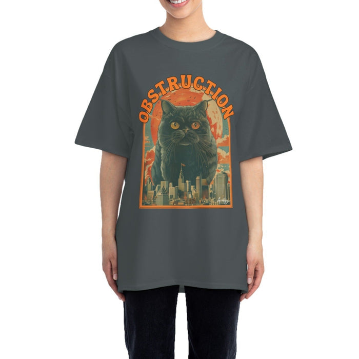Cat Blockade Vintage Tee: dark charcoal gray, black black cat with cityscape and destruction theme, vintage cartoon graphic s