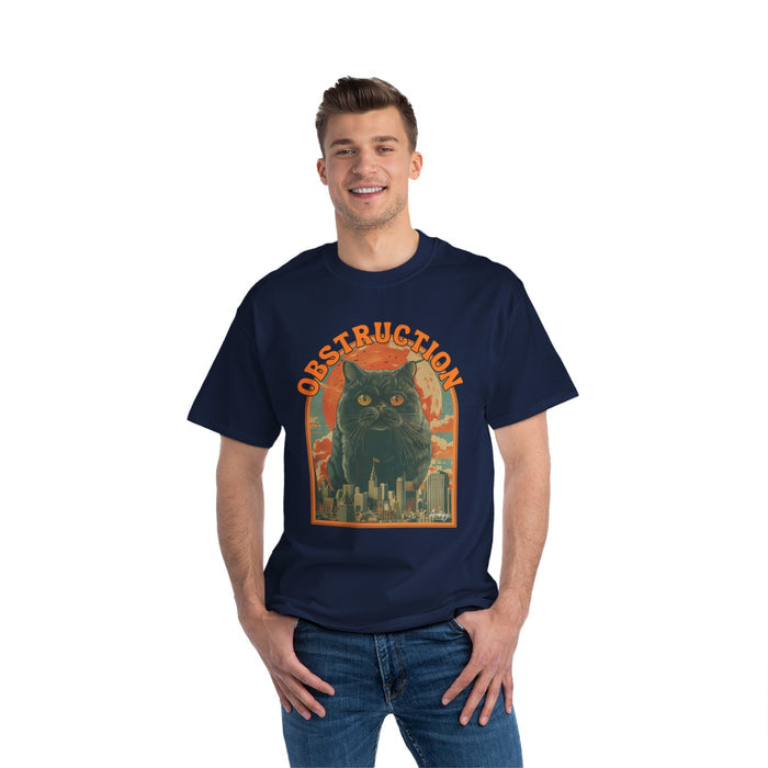 Cat Blockade Vintage Tee: dark charcoal gray, black black cat with cityscape and destruction theme, vintage cartoon graphic s