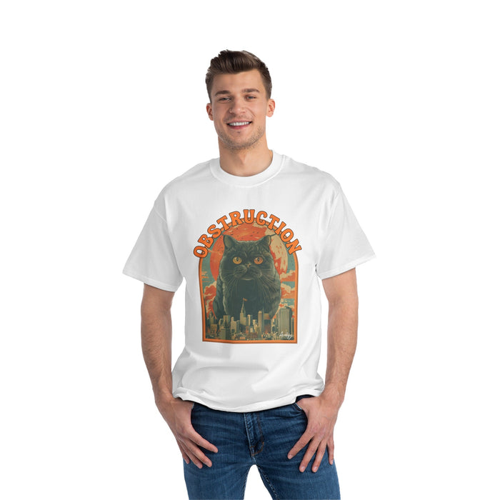 Cat Blockade Vintage Tee: dark charcoal gray, black black cat with cityscape and destruction theme, vintage cartoon graphic s