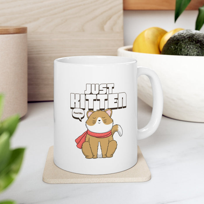 Cat Lover's Delight Novelty Kitten Mug: white, brown cartoon kitten/cat, cartoon, kawaii style