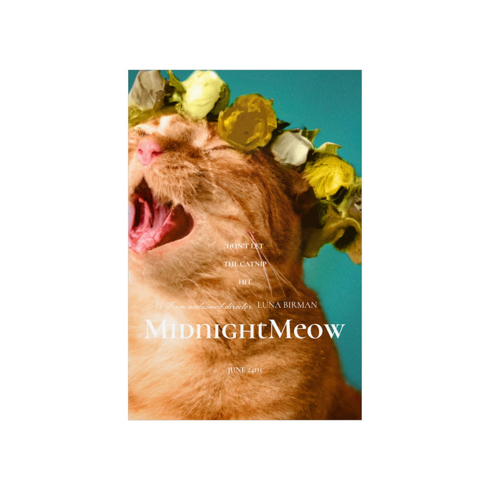 Cat Movie Poster: Midnight Meow: orange, cream orange cat wearing a flower crown, whimsical photographic editorial style