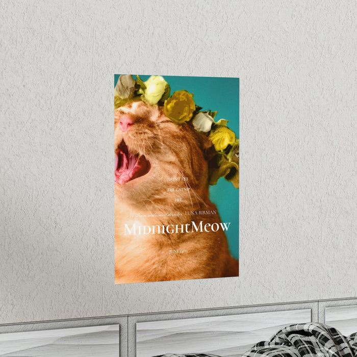 Cat Movie Poster: Midnight Meow: orange, cream orange cat wearing a flower crown, whimsical photographic editorial style