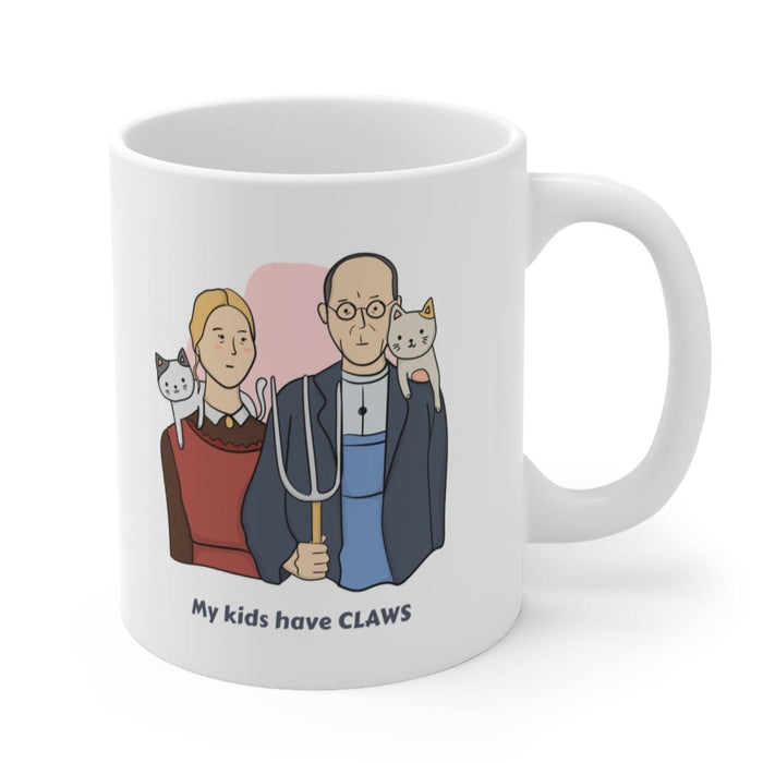 Cat Novelty Mug: My Children Possess Claws: white, gray cartoon couple with two cats