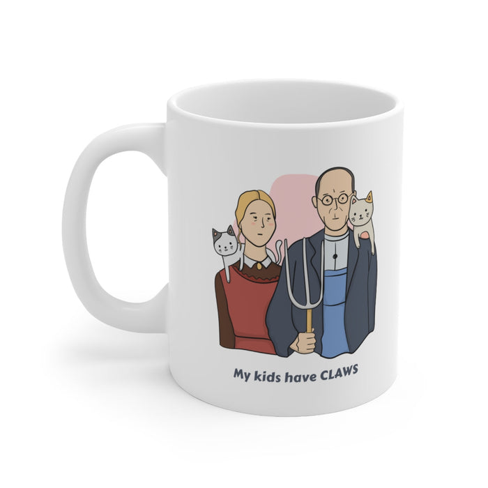 Cat Novelty Mug: My Children Possess Claws: white, gray cartoon couple with two cats