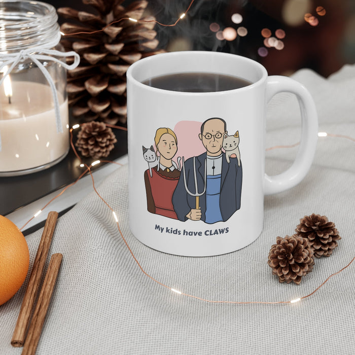 Cat Novelty Mug: My Children Possess Claws: white, gray cartoon couple with two cats