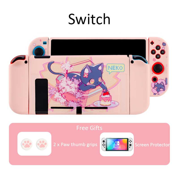 Cat Switch OLED Shell Cases, Pink: pink, black cartoon cat character, kawaii cartoon style