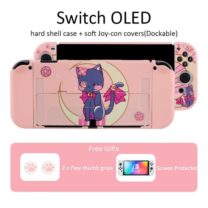 Cat Switch OLED Shell Cases, Pink: pink, black cartoon cat character, kawaii cartoon style