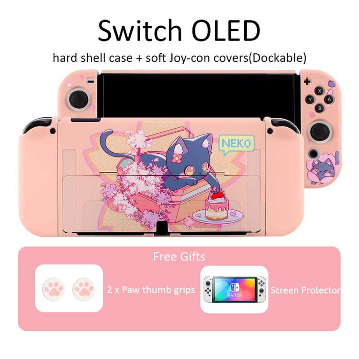 Cat Switch OLED Shell Cases, Pink: pink, black cartoon cat character, kawaii cartoon style