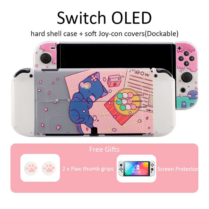 Cat Switch OLED Shell Cases, Pink: pink, black cartoon cat character, kawaii cartoon style