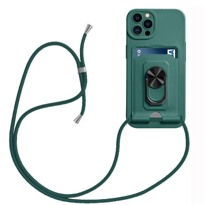 Cellphone Shoulder Bag with Card Holder and Detachable Strap: dark green, black phone case with lanyard, minimal style