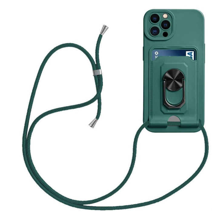 Cellphone Shoulder Bag with Card Holder and Detachable Strap: dark green, black phone case with lanyard, minimal style
