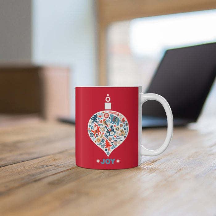 Ceramic 11oz Mug for a Festive Holiday Ornament: white, red Christmas holiday theme, festive graphic illustration style