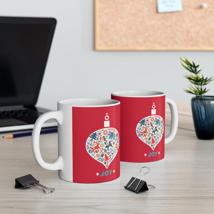 Ceramic 11oz Mug for a Festive Holiday Ornament: white, red Christmas holiday theme, festive graphic illustration style