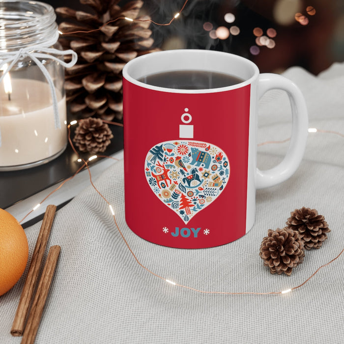 Ceramic 11oz Mug for a Festive Holiday Ornament: white, red Christmas holiday theme, festive graphic illustration style