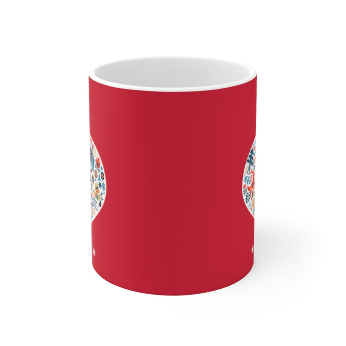 Ceramic 11oz Mug for a Festive Holiday Ornament: white, red Christmas holiday theme, festive graphic illustration style