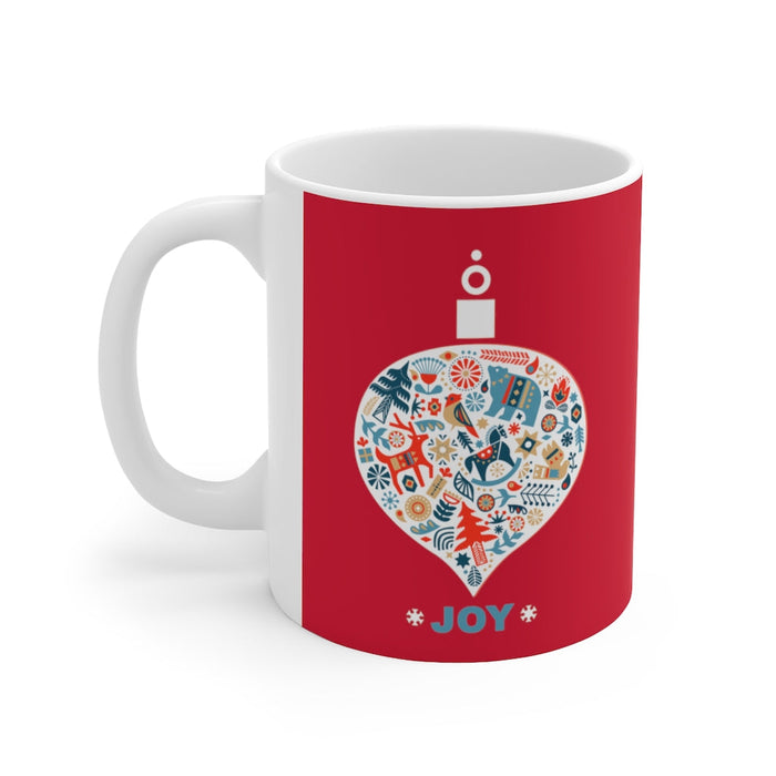 Ceramic 11oz Mug for a Festive Holiday Ornament: white, red Christmas holiday theme, festive graphic illustration style