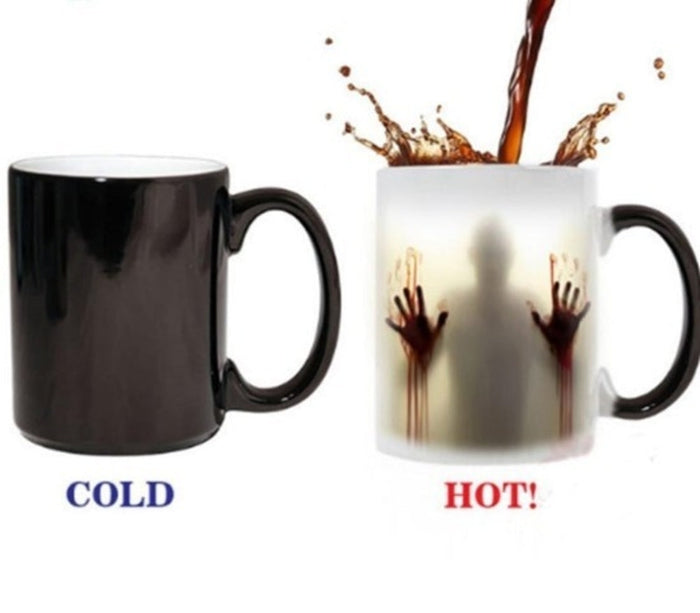 Ceramic Mug with Enchanting Zombie Image Transformation: black, white horror-themed shadowy human figure with hands, horror g