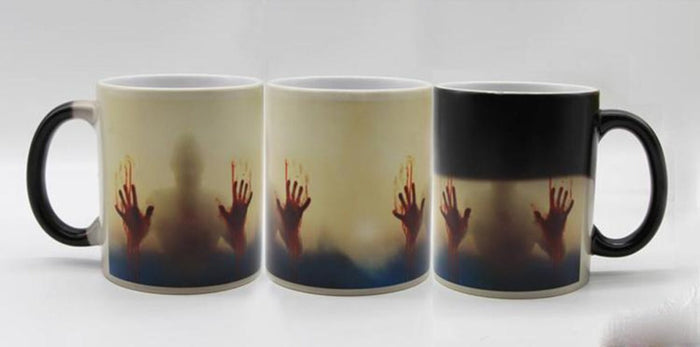 Ceramic Mug with Enchanting Zombie Image Transformation: black, white horror-themed shadowy human figure with hands, horror g