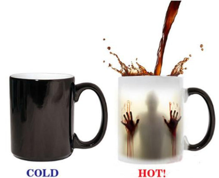 Ceramic Mug with Enchanting Zombie Image Transformation: black, white horror-themed shadowy human figure with hands, horror g