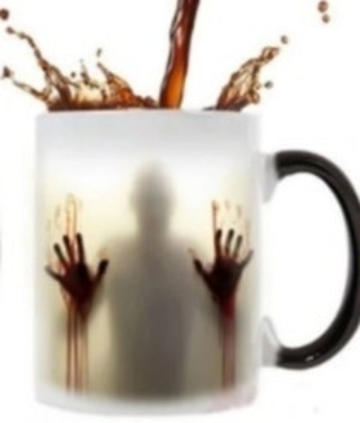 Ceramic Mug with Enchanting Zombie Image Transformation: black, white horror-themed shadowy human figure with hands, horror g
