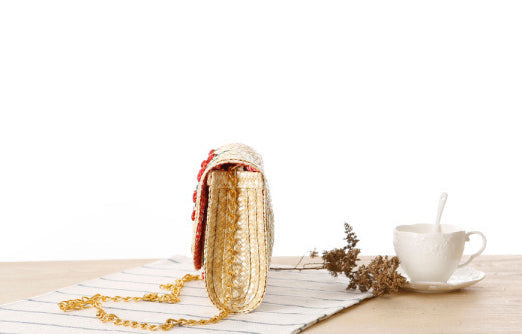 Chain-Accented Cherry Tote Bag: beige, tan small woven handbag/purse, boho style