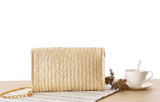 Chain-Accented Cherry Tote Bag: beige, tan small woven handbag/purse, boho style
