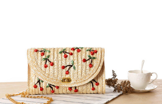 Chain-Accented Cherry Tote Bag: beige, tan small woven handbag/purse, boho style