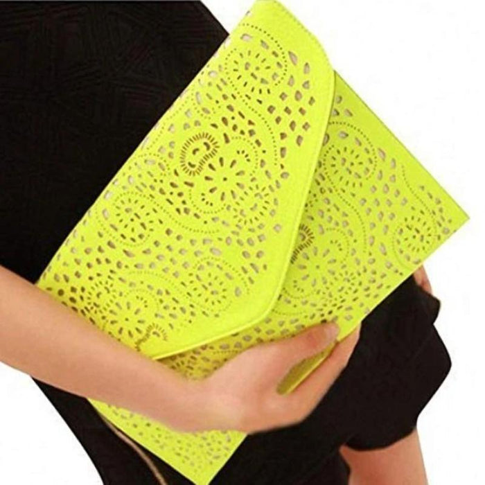 Chain Strap Laser-Cut Clutch by Coseey: A Revised Title: black, brown clothing outfit with clutch bag, casual chic style