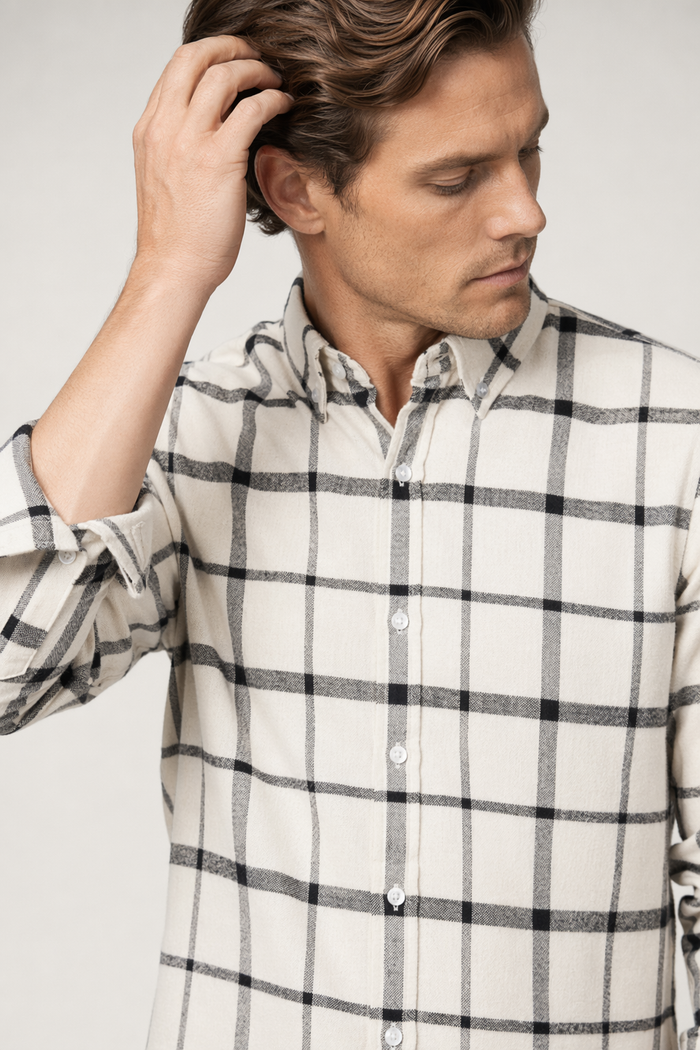 Checkered Beige Cotton Shirt with Long Sleeves for Men Default