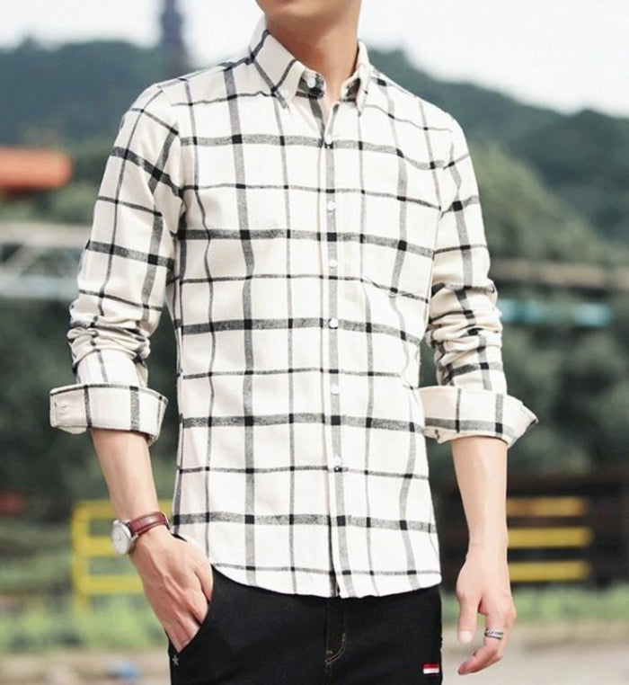 Checkered Beige Cotton Shirt with Long Sleeves for Men: white, black button-up shirt, casual style