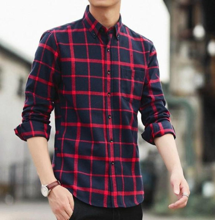 Checkered Beige Cotton Shirt with Long Sleeves for Men: white, black button-up shirt, casual style