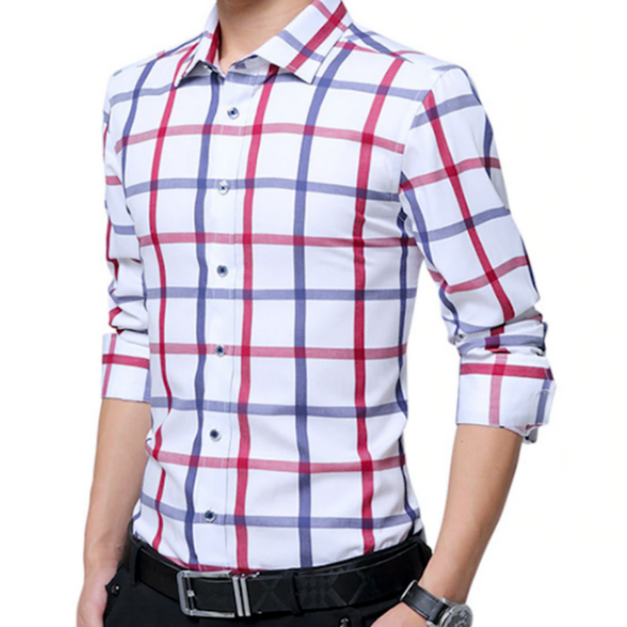 Checkered Button-Down Men's Shirt: Keeping Style Classic!: white, red button-up shirt, casual style
