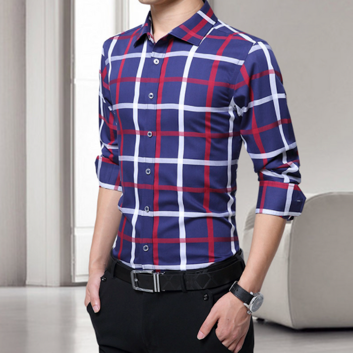 Checkered Button-Down Men's Shirt: Keeping Style Classic!: white, red button-up shirt, casual style