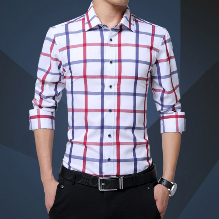 Checkered Button-Down Men's Shirt: Keeping Style Classic!: white, red button-up shirt, casual style
