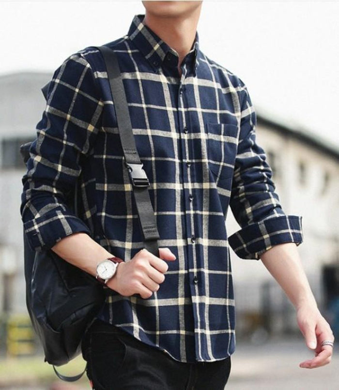 Checkered Cotton Shirt for Men with Long Sleeves: navy blue, white button-up shirt, casual style