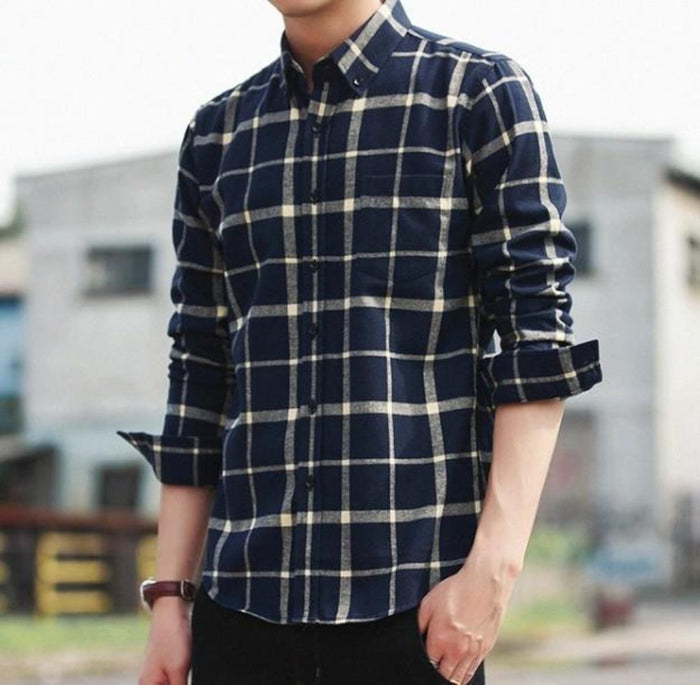 Checkered Cotton Shirt for Men with Long Sleeves: navy blue, white button-up shirt, casual style