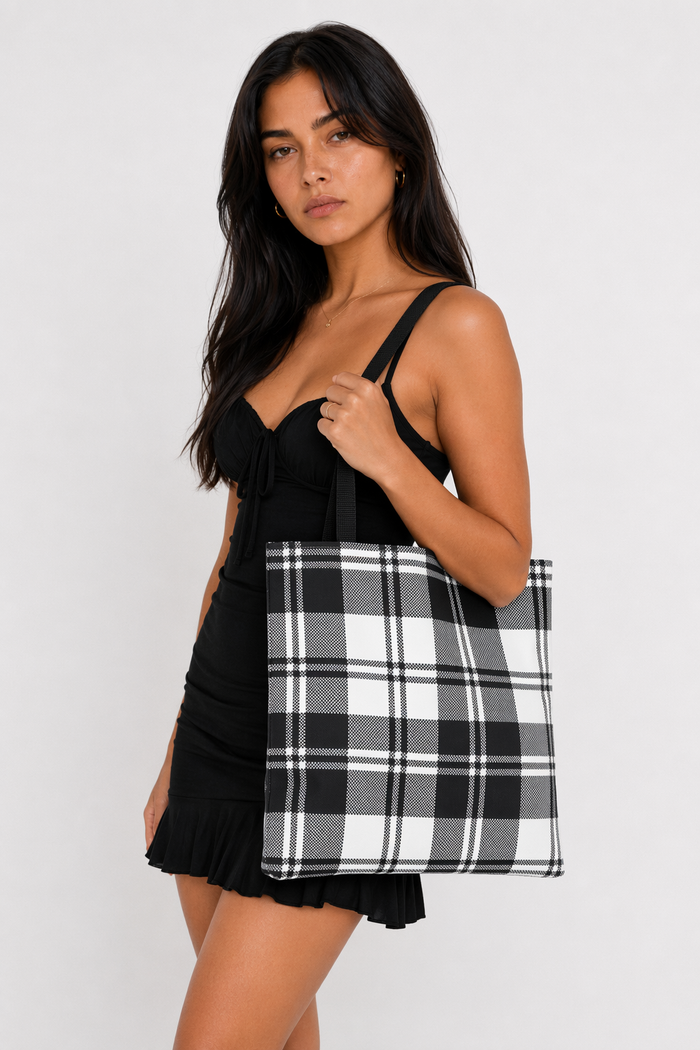 Checkered Plaid Tote Bag in Black Default