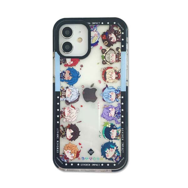 Chiba Genshin Impact Phone Case: black, white Genshin Impact anime-style characters, kawaii cartoon style
