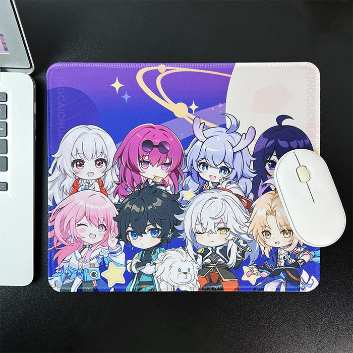 Chibi Honkai Star Rail Mouse Pad: purple, blue anime-style chibi characters, kawaii cartoon anime style