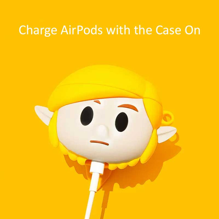 Chibi Link AirPods Case: Zelda-inspired protection: yellow, orange cartoon elf-like character, cartoon, minimal, kawaii style