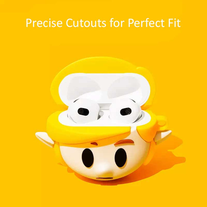 Chibi Link AirPods Case: Zelda-inspired protection: yellow, orange cartoon elf-like character, cartoon, minimal, kawaii style