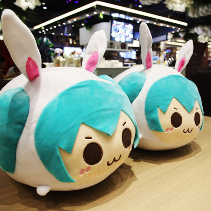 Chibi Miku Bunny Plush Toy: white, turquoise anime-style character with bunny ears, kawaii cartoon style