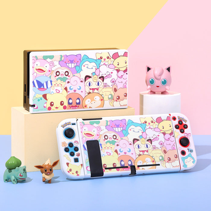 Chibi Switch OLED Cover Set: Cute Protection: white, pink Pokémon characters, including Pikachu, Bulbasaur, Jigglypuff, Meowt