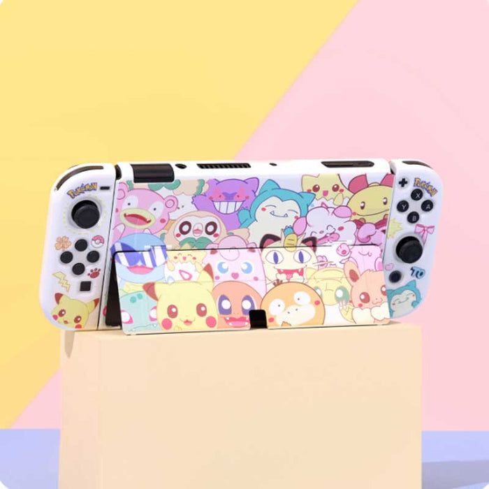 Chibi Switch OLED Cover Set: Cute Protection: white, pink Pokémon characters, including Pikachu, Bulbasaur, Jigglypuff, Meowt