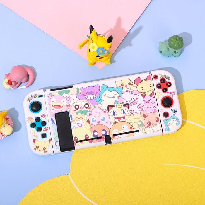 Chibi Switch OLED Cover Set: Cute Protection: white, pink Pokémon characters, including Pikachu, Bulbasaur, Jigglypuff, Meowt