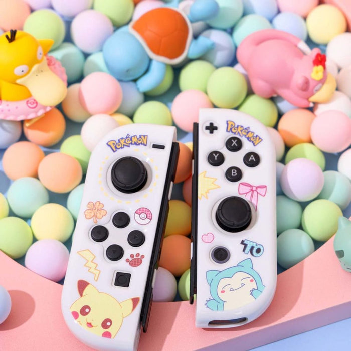 Chibi Switch OLED Cover Set: Cute Protection: white, pink Pokémon characters, including Pikachu, Bulbasaur, Jigglypuff, Meowt
