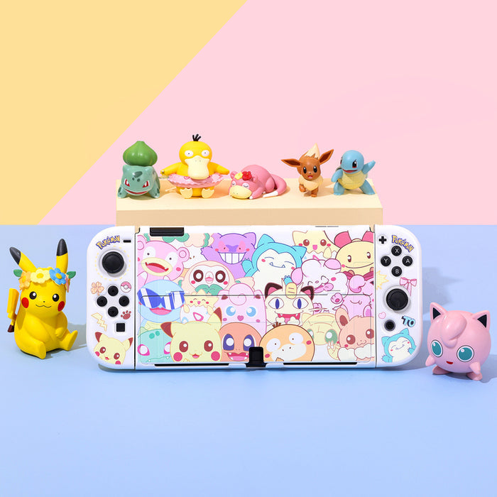 Chibi Switch OLED Cover Set: Cute Protection: white, pink Pokémon characters, including Pikachu, Bulbasaur, Jigglypuff, Meowt