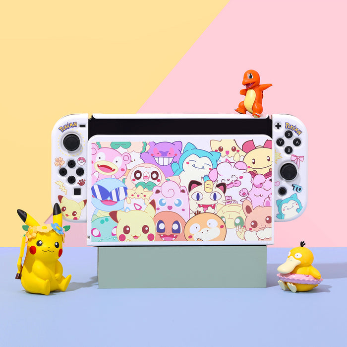 Chibi Switch OLED Cover Set: Cute Protection: white, pink Pokémon characters, including Pikachu, Bulbasaur, Jigglypuff, Meowt