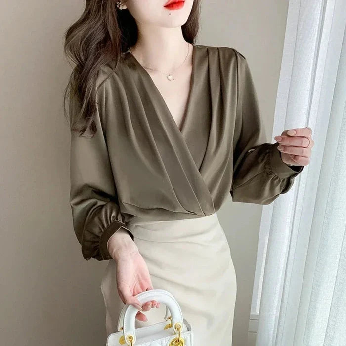 Chiffon Blouse for Women with V-Neckline: olive brown, dark taupe women's blouse, elegant minimalist style